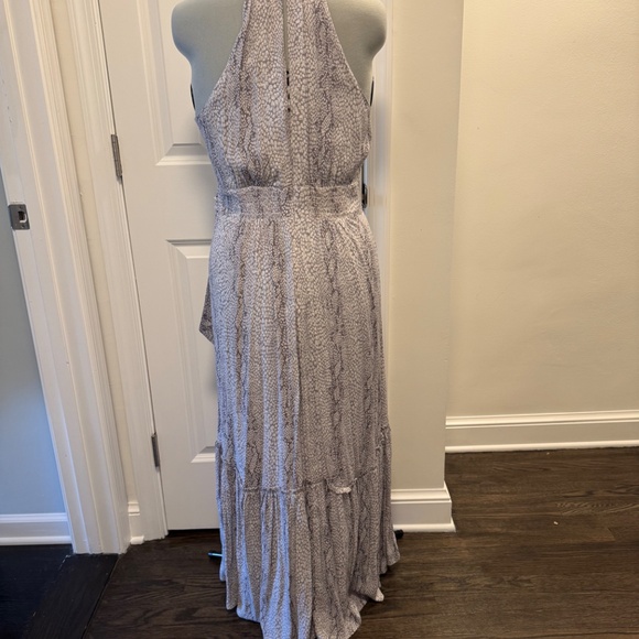 Anthropologie Marfa Maxi Midi Faux Wrap Dress, Grey snakeskin